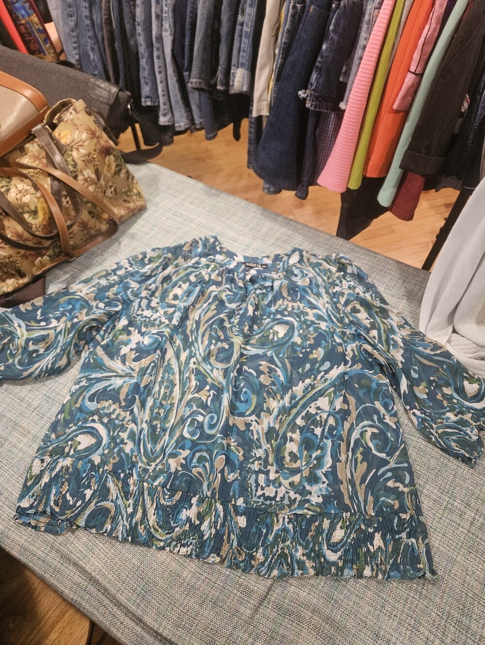 Y2K Women's Plus Ana Flowy Sheer Teal Paisley Peasant Blouse